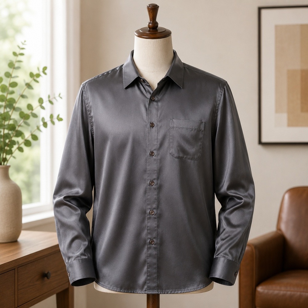 Wayne Scott Button Down Shirt Mens Large Black Satin Long Sleeve Formal Darts